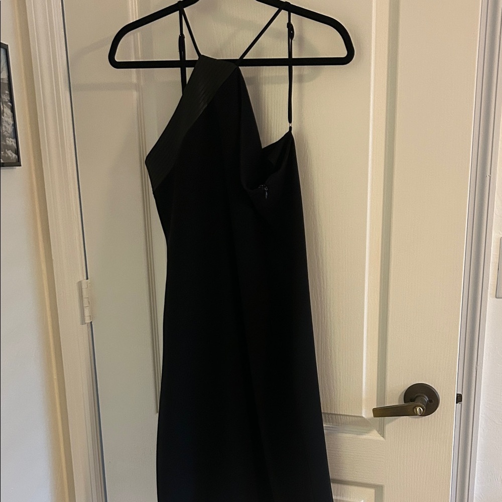 Unique black dress with Adjustable strap leather trim  from Paris